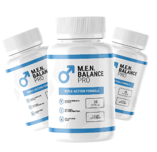 Three bottles of Men Balance Pro dietary supplement capsules